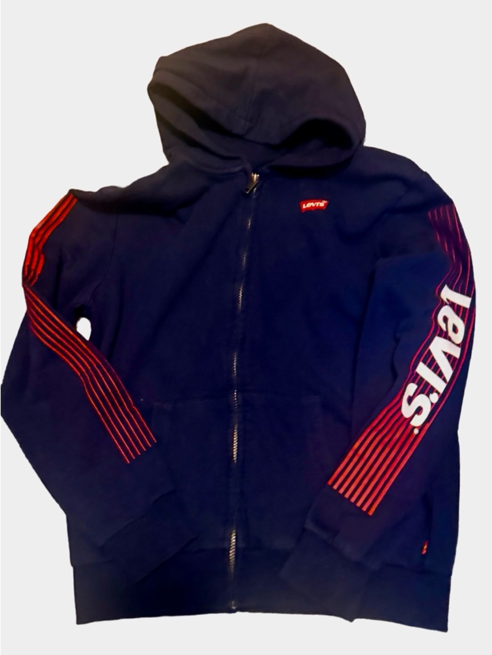 Levi's Navy Zip Hoodie with Red Sleeve Stripes